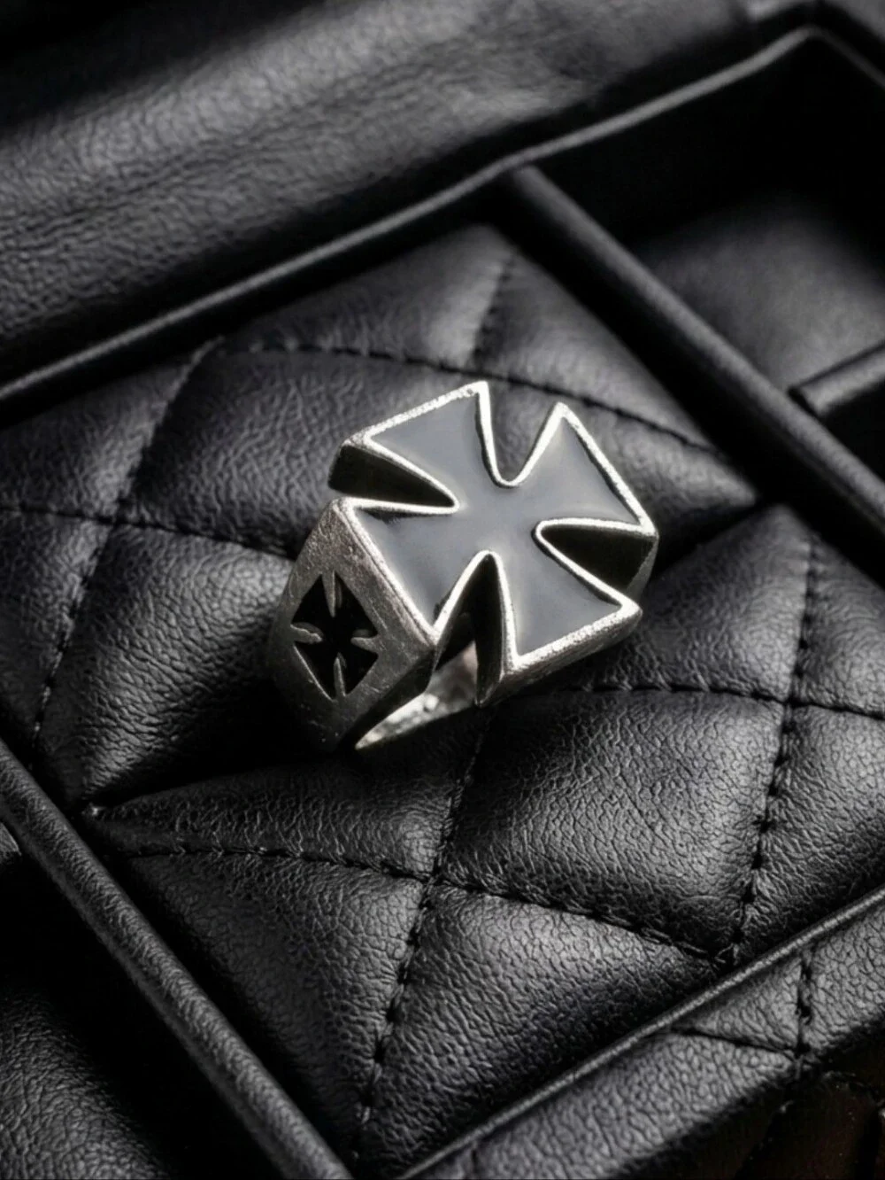 Vintage Massive Oversized Iron Cross Biker Ring Black Onyx Enamel Style Sz 15